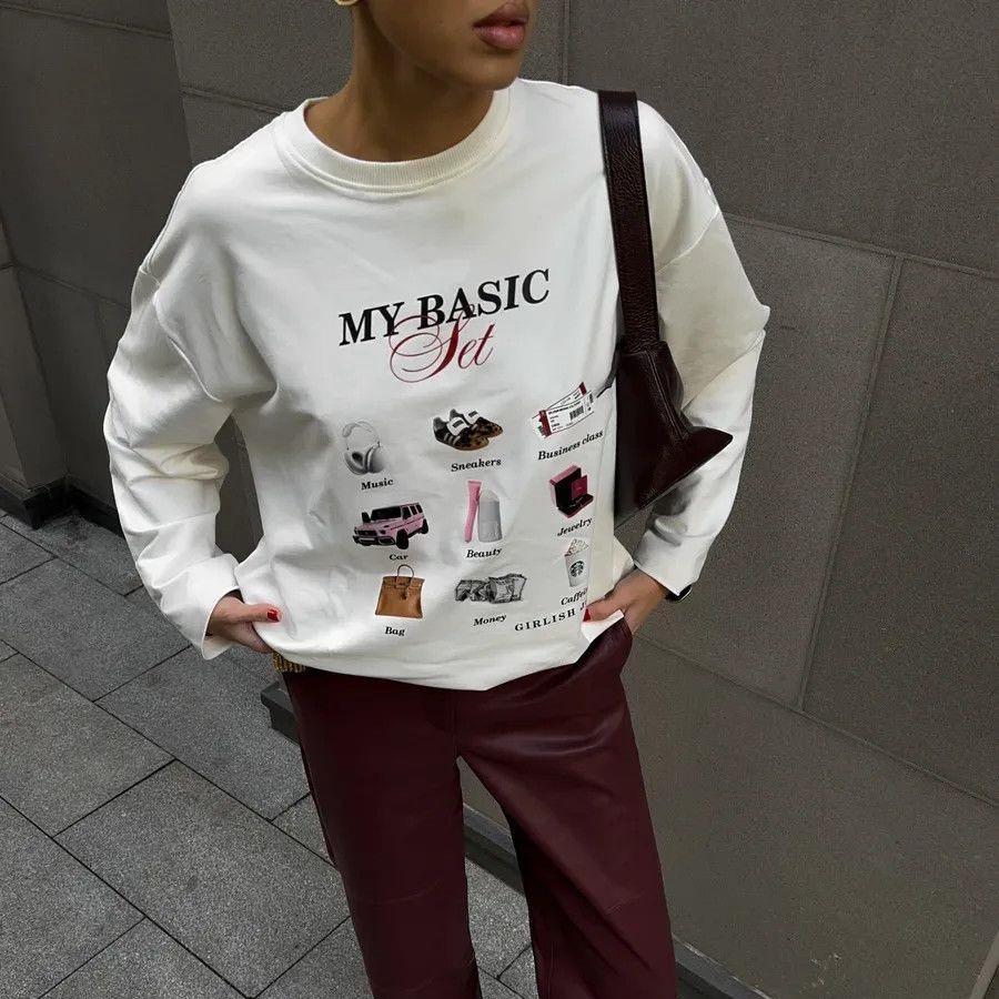 2025 Early Autumn Trendy Loose-Fit Long-Sleeve T-Shirt for Women - European & American Style, Pure Cotton, Fun Print