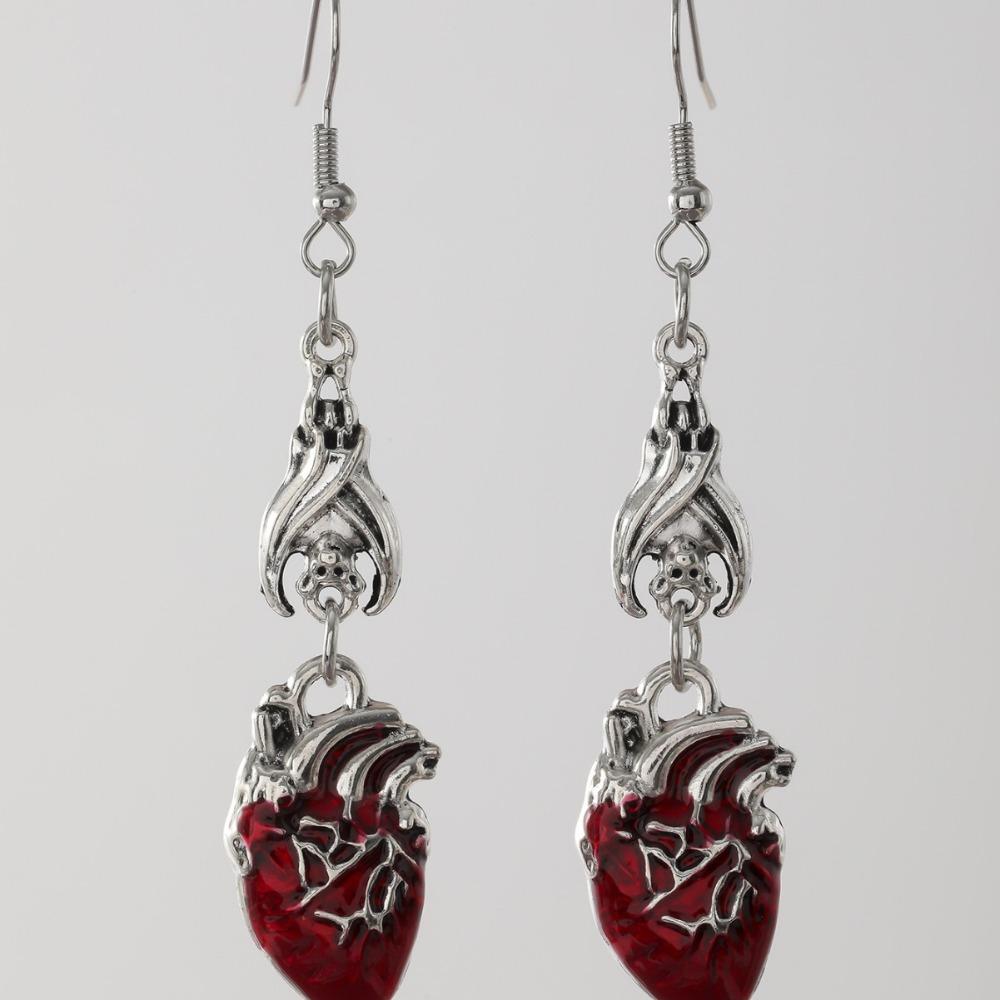 Retro Gothic Vampire Bat Bowknot Skeleton Red Drip Glaze Heart Pendant Dangle Earrings for Women Hallowmas Scary Jewelry Gifts