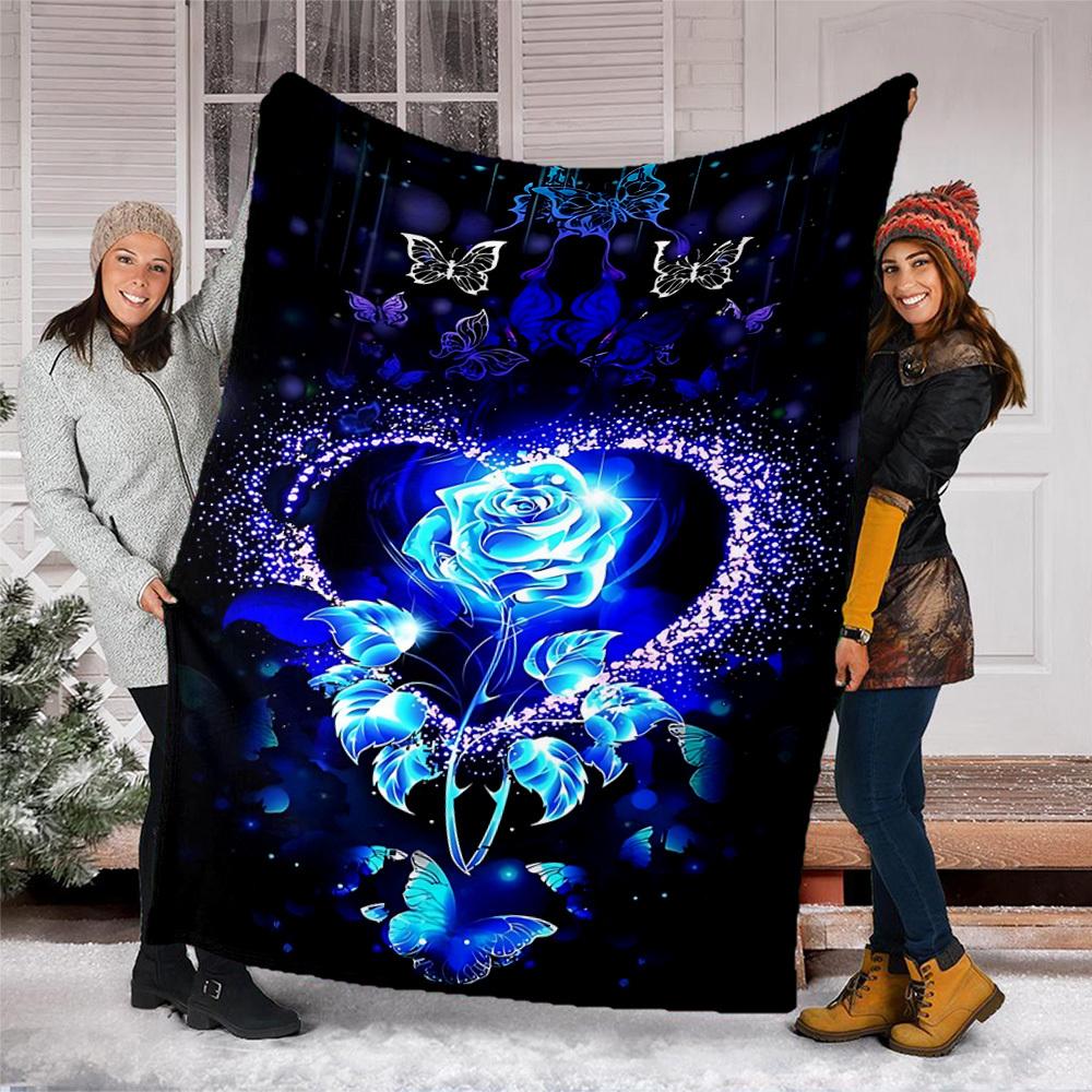 1pc Blue Rose Butterfly Print Outdoor Flannel Blanket Soft All Season Polyester Throw , Perfect for Picnics & Travel , Picnic Accessory