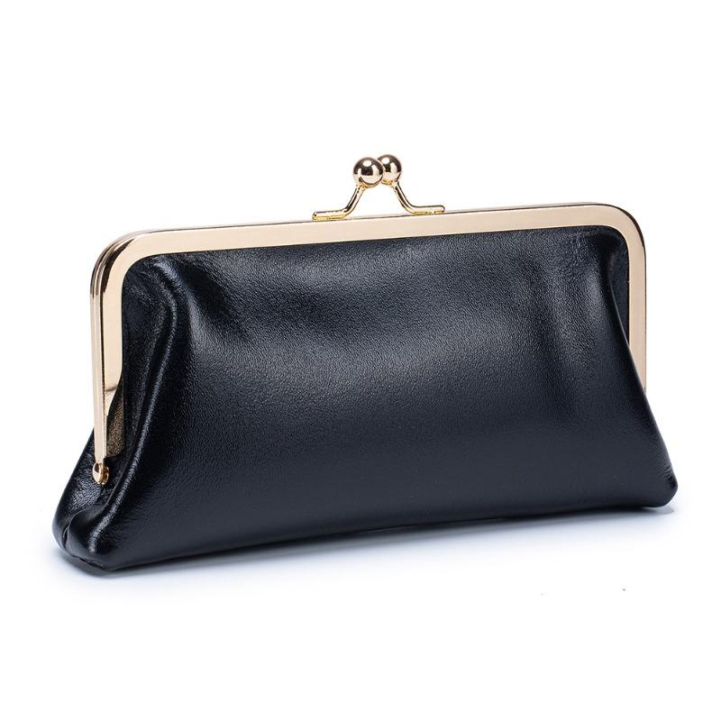 

Leather retro multi-functional clip bag women s long clutch bag European and American wallet simple mouth gold storage bag large capacity чёрный