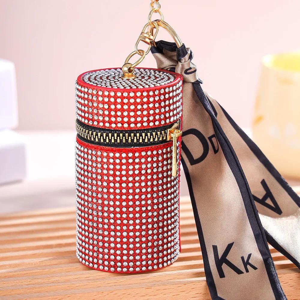 New Cylindrical Stylish Rhinestone PU Mini Lipstick Bag with Silk Scarf  Keychain Portable Coin Purse Women  Accessories Gift