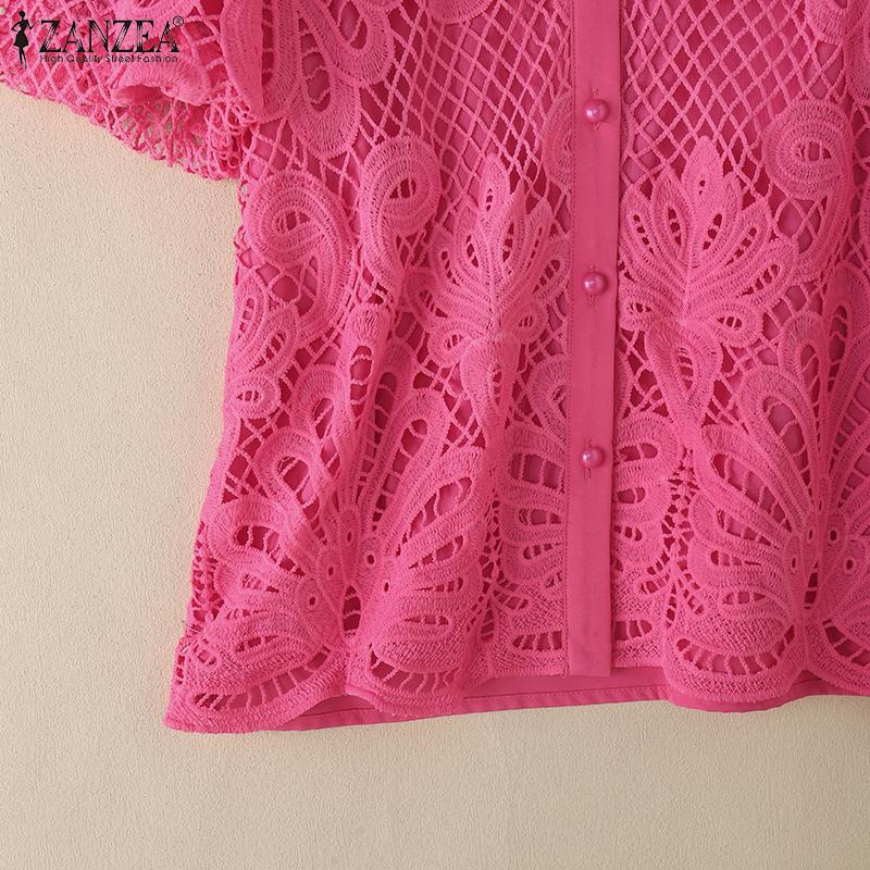 ZANZEA Bluză de damă cu guler polo, mâneci scurte, croșetată ajurată patchwork