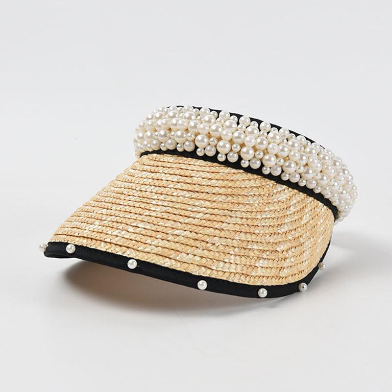 Summer Hat for Women Straw Hat Handmade Empty Top Pearl Peaked Cap Sun Hat Visor Curved Brim Beach Hat Sun Protection Vacation