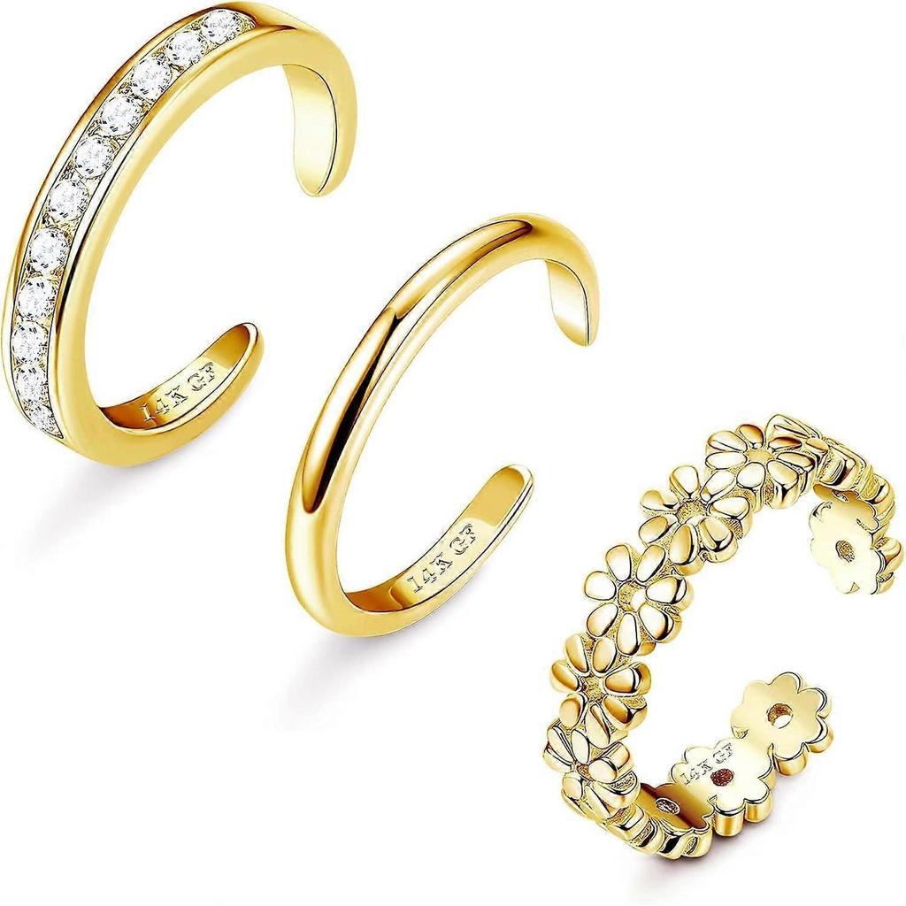Set da 3 anelli per dita dei piedi placcati oro per donna, non appannabili, anello per dita dei piedi placcato oro 14K, fiore regolabile in Zirconia Cubica, anello per dita dei piedi delicato, set di anelli per dita dei piedi a punta aperta estiva, gioielli per dita dei piedi
