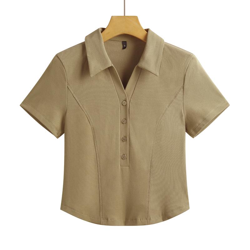 Women's Korean Style Slim-Fit High-Waisted Short-Sleeved Stretch T-Shirt with Turn-Down Collar - Summer 2026 Collection