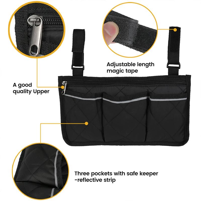 Wheelchair Bag Waterproof Pouch with Secure Reflective Strip Large Capacity Walker Storage Multifunctional