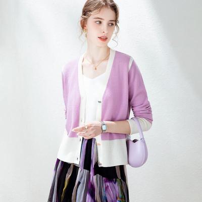 TUHUANG Women's Pure Wool Color-block V-neck Cardigan