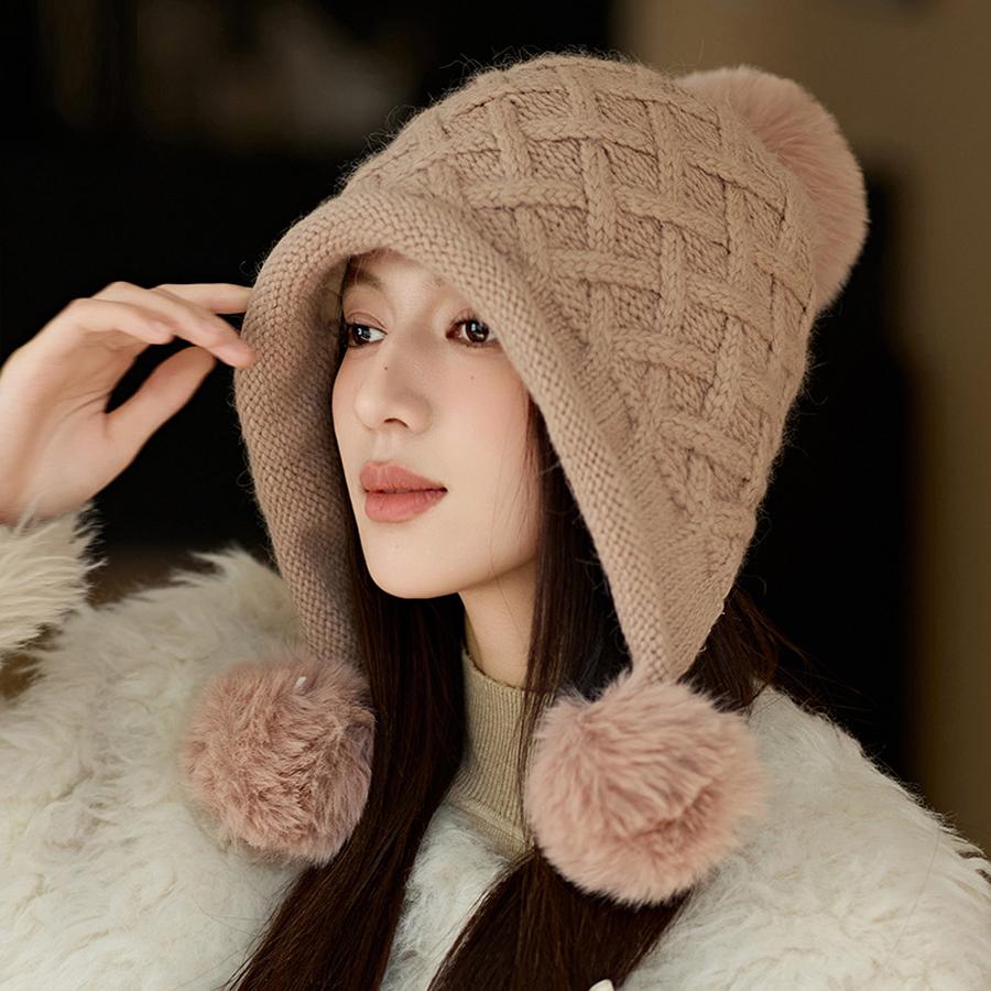 Winter Thick Velvet Knitted Hat Outdoor Warm Ear Protection Three Hair Ball Wool Hat