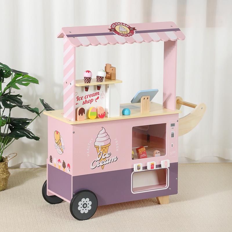Cream Wooden Ice Cart Toy Playset With Cash Register For Kids Creative Play