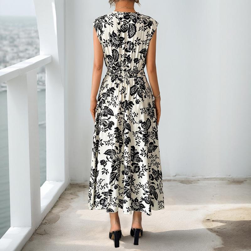 2026 Summer European Floral V-Neck Sleeveless Waist-Cinching Dress for Women