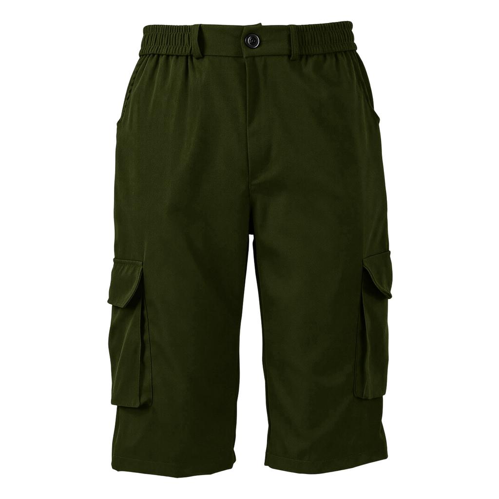 Men's Solid Color Button Closure Elastic Waist Cargo Capri Pants with Six Pockets Workwear Style Casual Fit