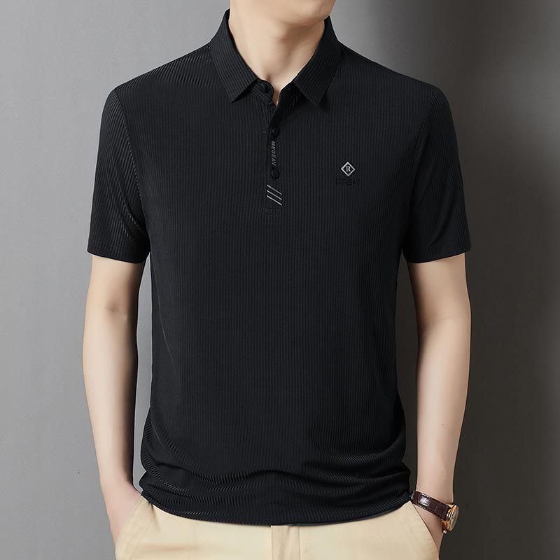 

Летняя новая стильная мужская футболка из ледяного шелка с вертикальными полосками, основная модель с прессованными бриллиантами, молодежная рубашка-поло со средними рукавами 4XL