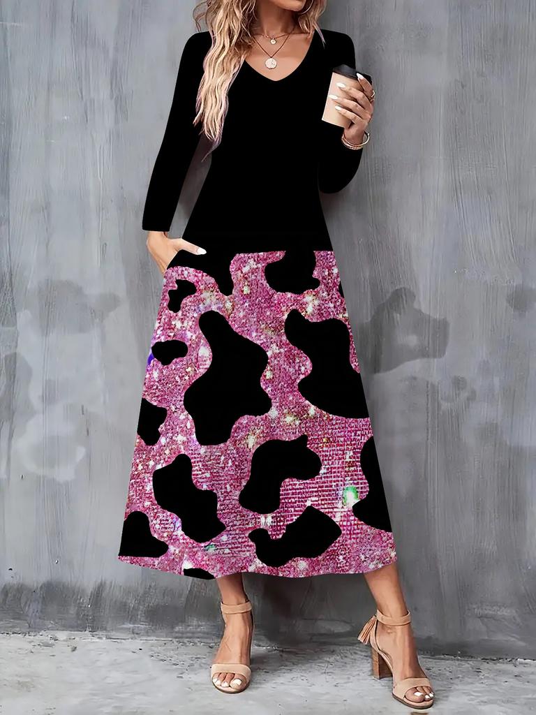 2025 Autumn and Winter New Women Casual Fashion Dress 3D Leopard Print  Long Sleeve V-Neck A-Line Dresses