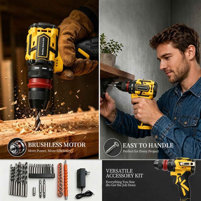 45Nm Brushless Cordless Drill Driver – Dual Drill Set with 4 Lithium Batteries, LED Light and Complete Carrying Case