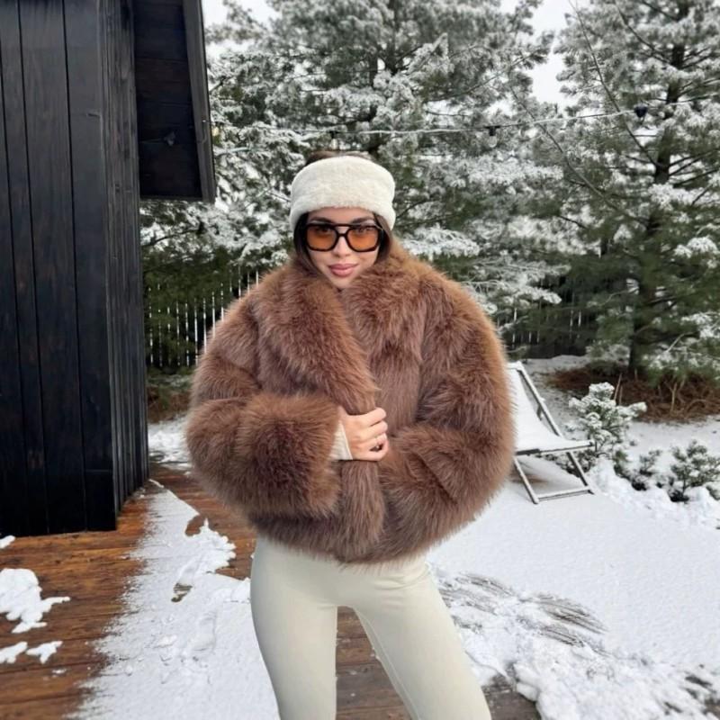 Vintage Brown Faux Fur Coat Short Warm Winter Streetwear Women
