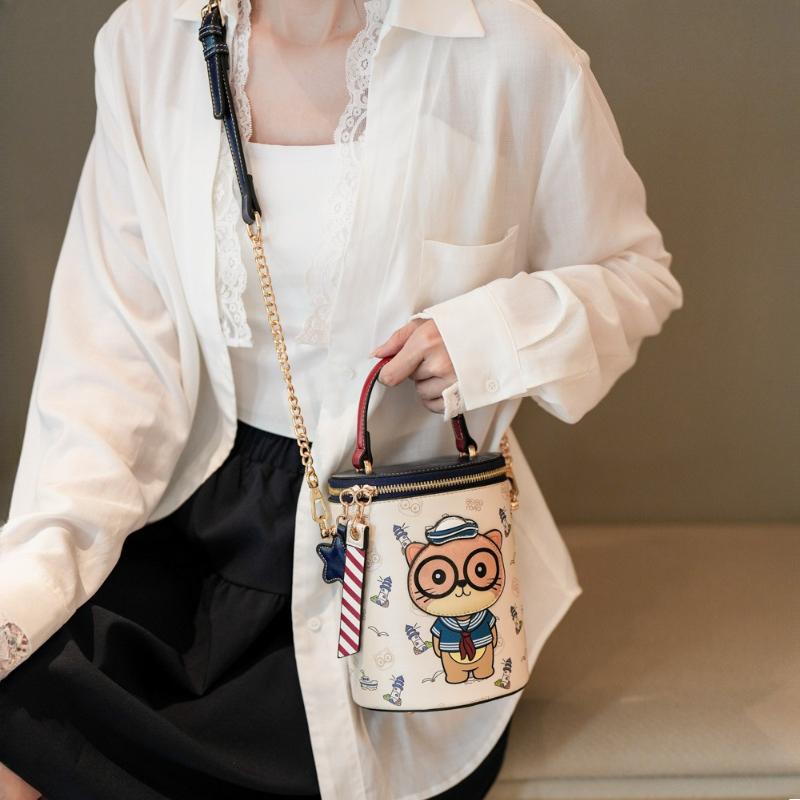 BEIBAOBAO New Cute Cartoon Cat Round Handbags High Texture PU Waterproof Women's One Shoulder Bag Popular Niche Small Basket Bags for Goddess Day Gift