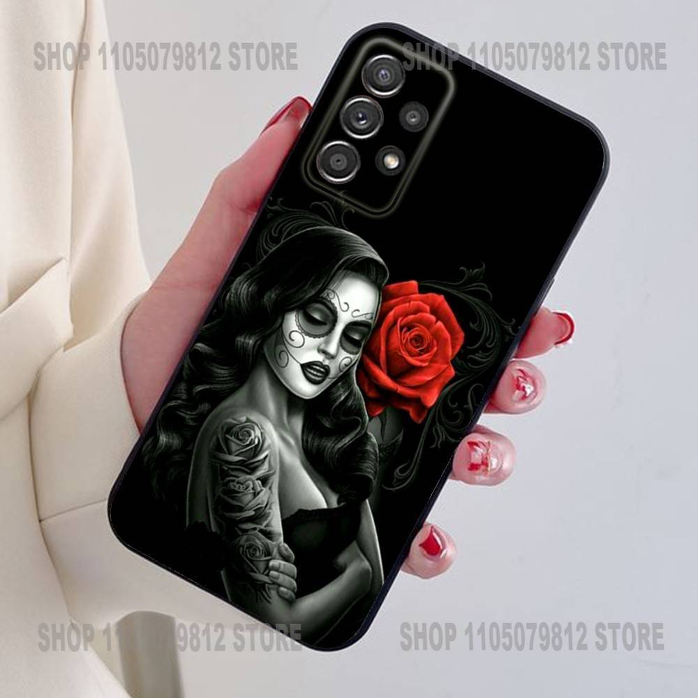 Catrina Beautiful Rose Girl Skull Phone Case For Samsung S25,24,21,22,23,30,Ultra,20,Plus Black soft silicone case