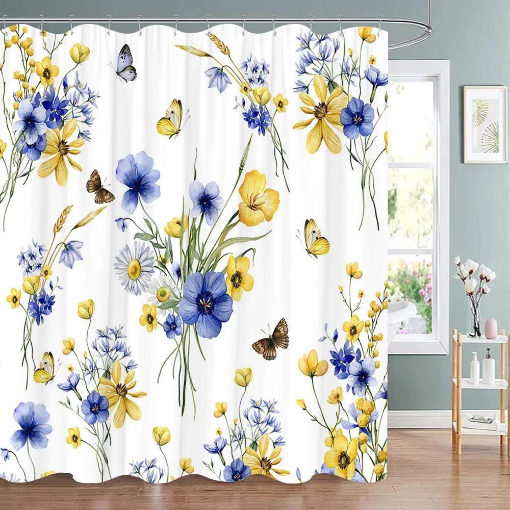 Spring Botanical Floral Shower Curtain Watercolour Style Floral Landscape Washable Fabric Bath Curtain Bathroom Decor With Hooks