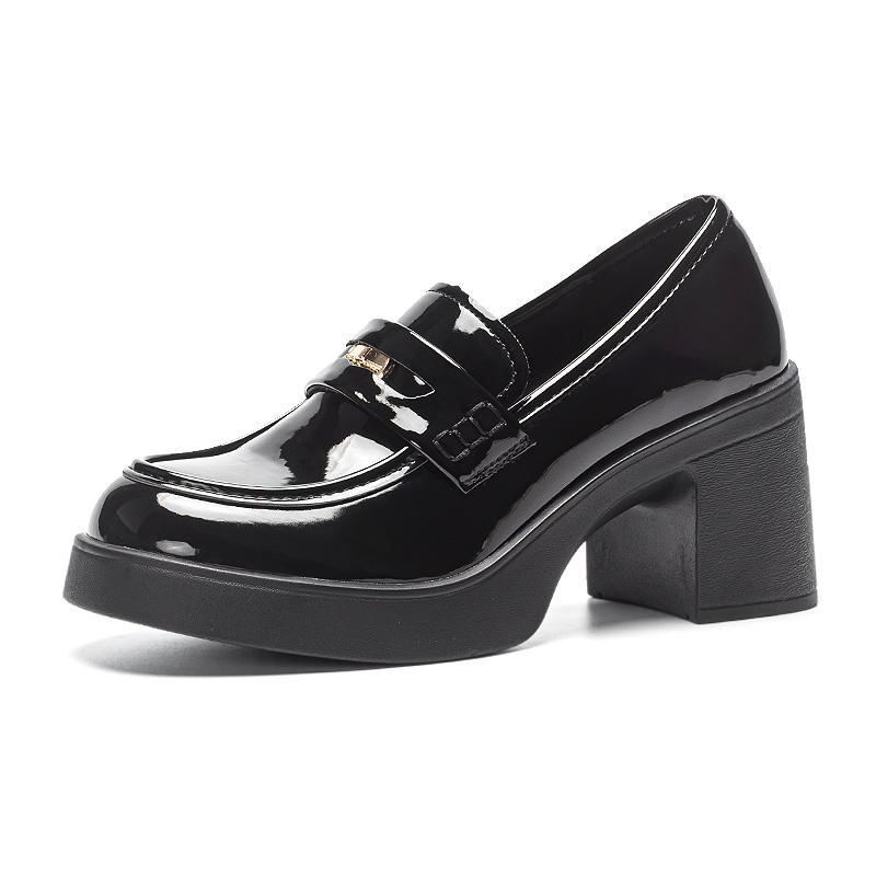 Warrior Stylish Trendy JK Small Leather Shoes Elegant Versatile High Heels Increased Height Loafers 7.5CM Kids Shoes Black WXP(WZ)-3122