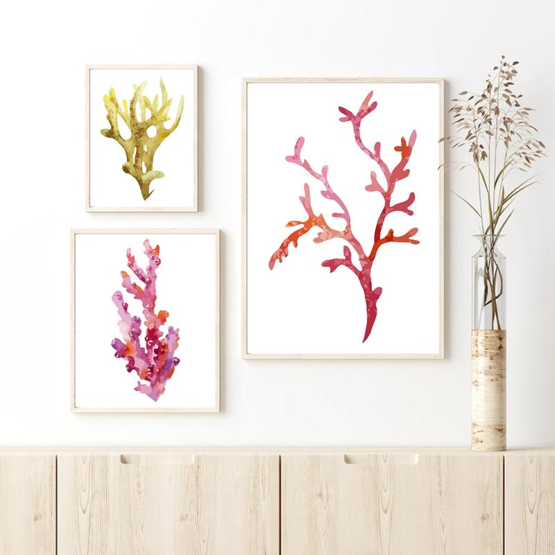 Corals Art Print Wall Pictures Home Decor  , Watercolor Cora Print Wall Art Hanging Bathroom Canvas Painting Nautical Decoration