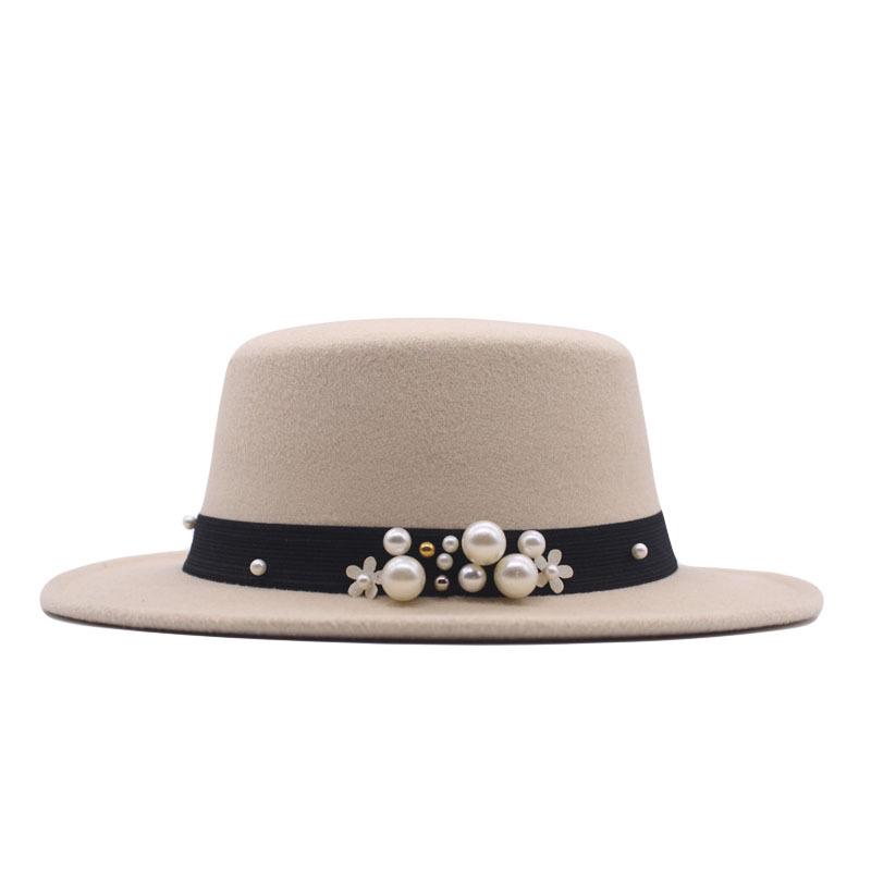 New Flat Top Flat Brim Top Hat Men's and Women's Retro Pearl Fashion British Woolen Hat