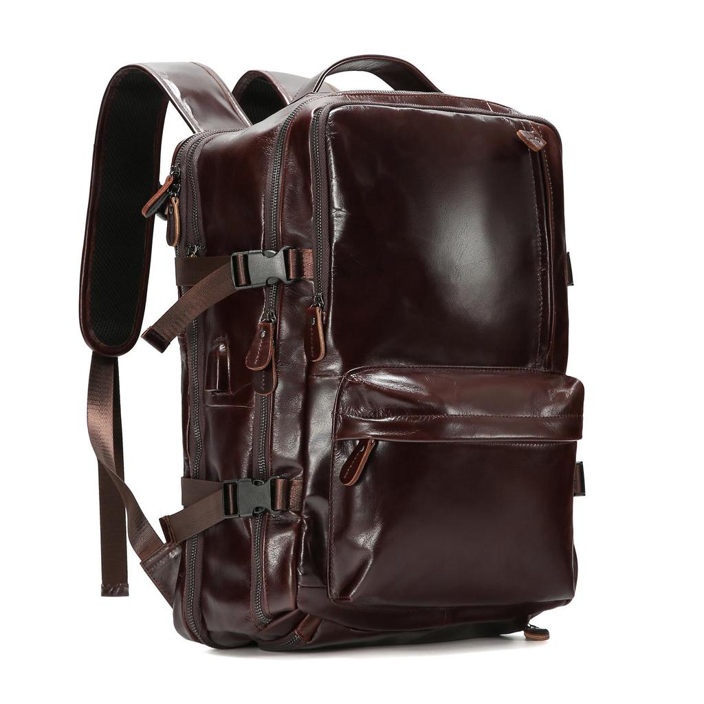 Men's Genuine Leather Expandable Large Capacity Shoulder Backpack for Business Travel
