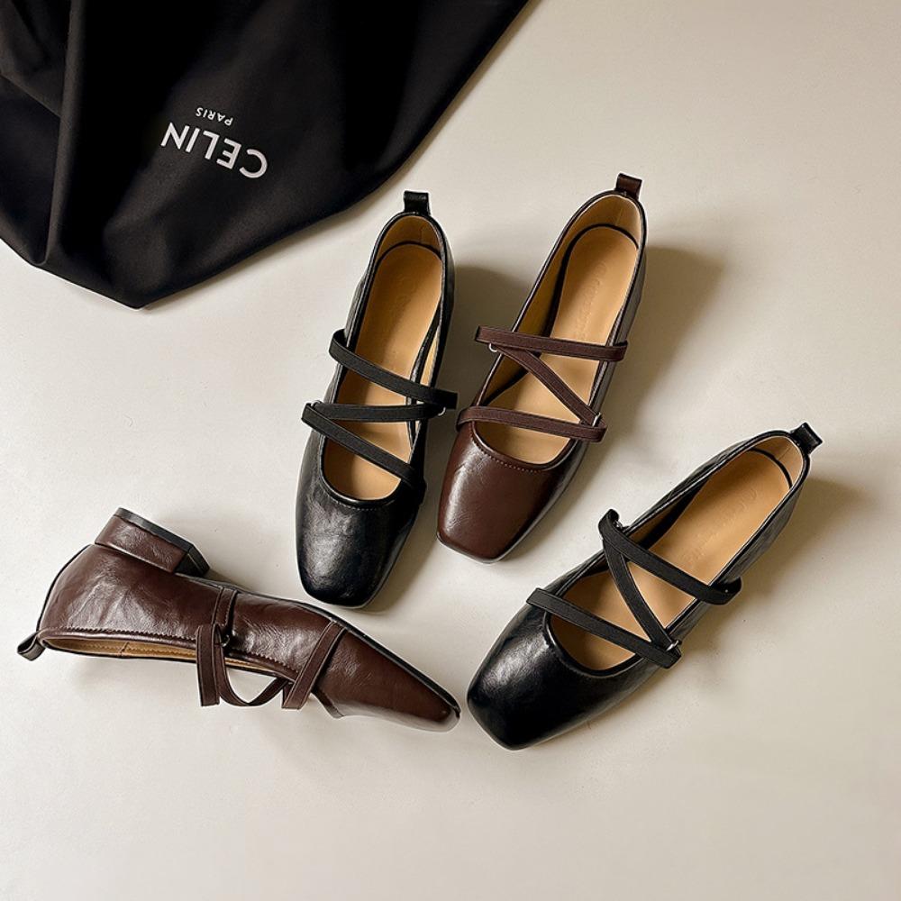 Single Shoe Women's 2025 Spring and Autumn New Leather Square Toe Cross Strap Flat Sole Single Shoe Retro Mary Jane Womens Shoes