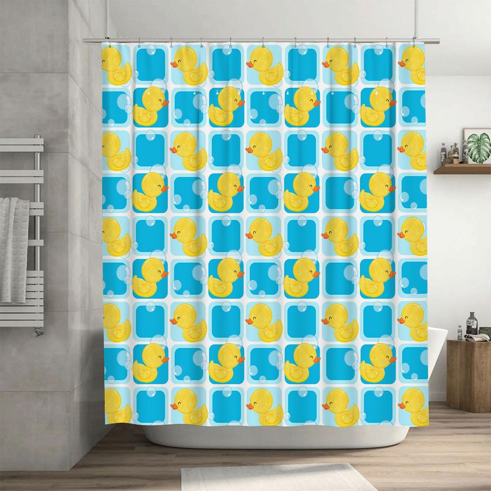 Whimsical Rubber Duck Shower Curtain Bright Blue Yellow Pattern Decorative Waterproof Fabric For Bathroom Accessories Set In Var