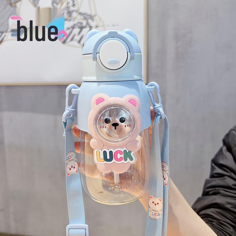 Children s Cartoon Straw Water Bottle - Large Capacity, Portable, Plastic Cup 660ml синий