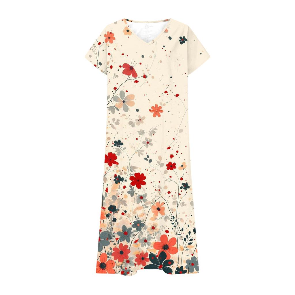 Fashion Women's Summer V-Neck Short Sleeve Floral Print Beach Dress