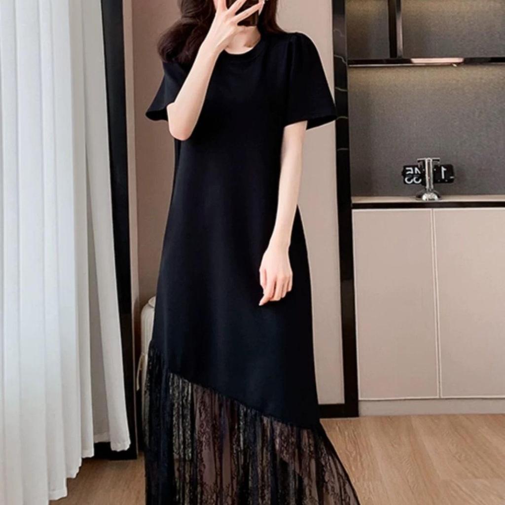 Robe d'été Patchwork en Dentelle Française Élégante Grande Taille - Manches Courtes Lâche Amincissante pour Femmes