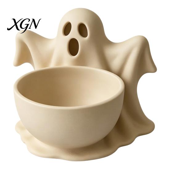 White Trinket Tray 3D Printed Halloween Ghost Bowl, Trick or Treat Snack Candy Storage Bowl Serving Decorative Dish, Party Supplies Nut