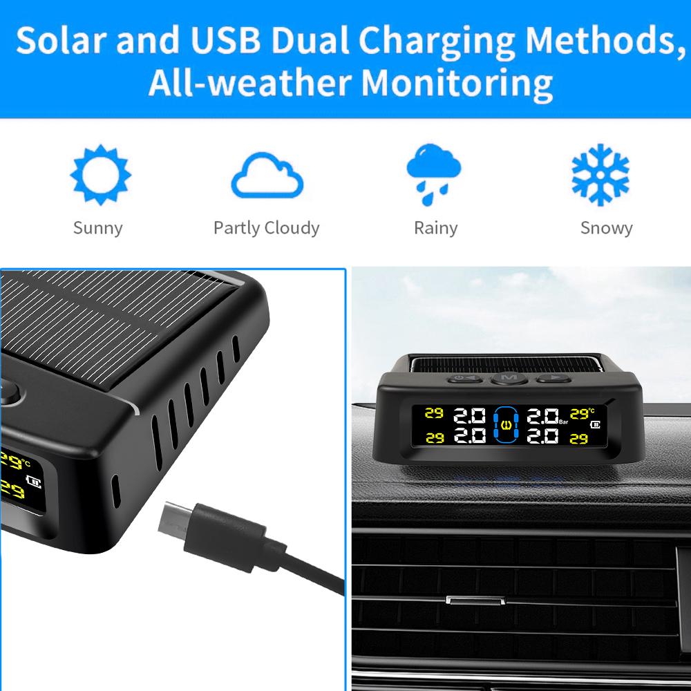 Dispositivo de alarma de presión de neumáticos para automóvil con sistema TPMS solar, pantalla digital colorida y 4 sensores externos, advertencia de temperatura y presión de neumáticos