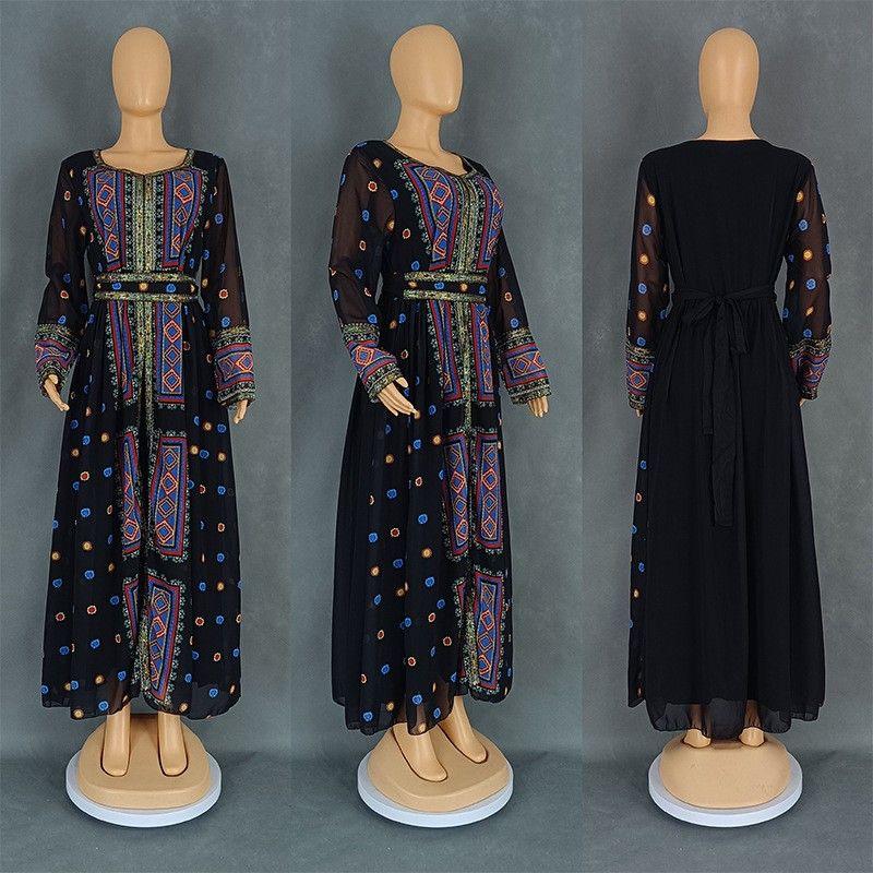 Cross-Border European and American Middle East Print Sequins Women Clothes New Fashion Dubai Robe Chiffon Travel Dress Dress