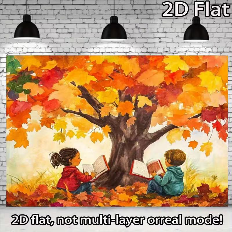 2D Herbst Lese Kinder Hintergrund, Herbstbaum Buch Szene Wandbehang