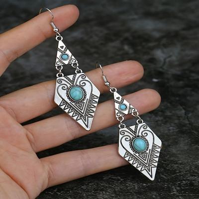 Vintage Bohemian Creative Geometric Rhombus Synthetic Turquoise Handmade Earrings, Alloy Female Wedding Couple Holiday Zircon