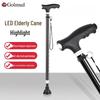 OIMG T-Handle Telescopic Walking Cane with Light and Tripod Base