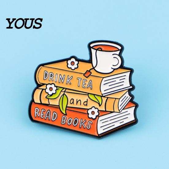 Artistic Enamel Pin Brooch Pin, Thick Zinc Alloy Base Brooch, Literary Tea Drink Book Lover Design Lapel Wear-Resistant Safety Buckle Gift Accessory