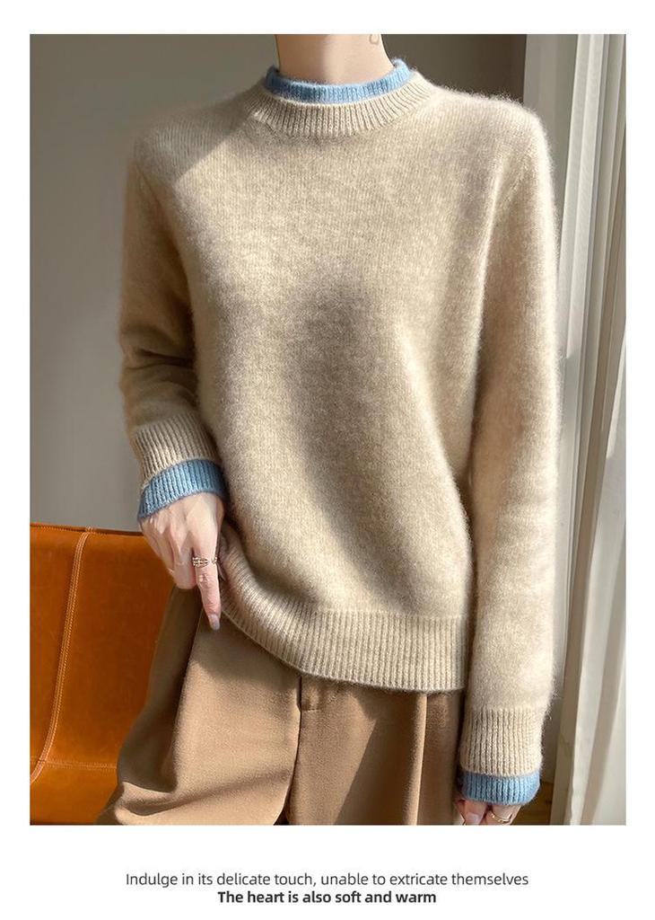 Women's 100% Pure Wool Cashmere Sweater - New Autumn/Winter Color Block Knit Base Layer
