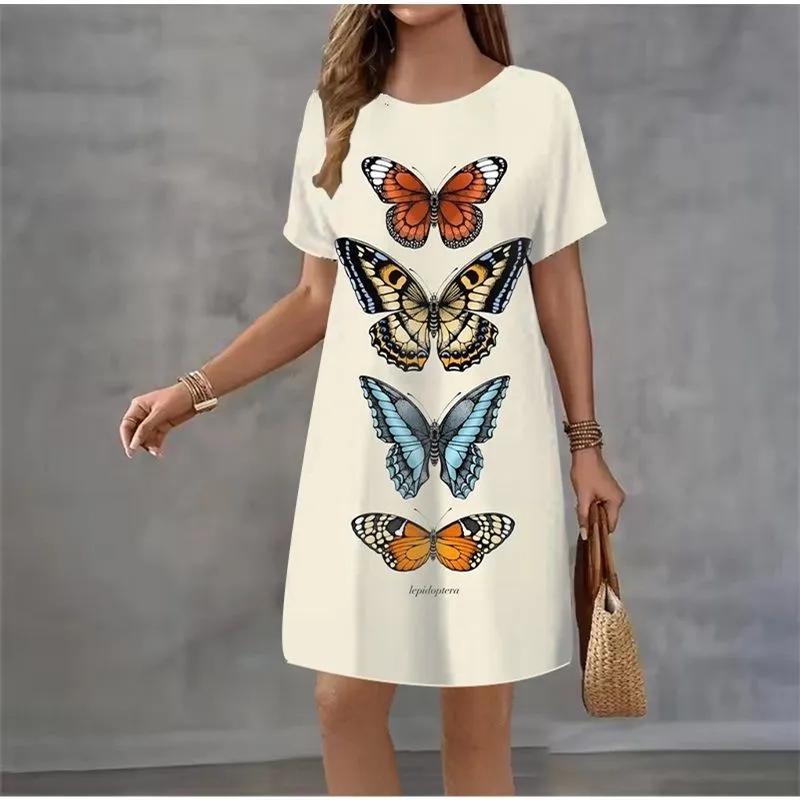 Fashion Women's Crew Neck Dress 3D Casual Color Printing Casual Short Sleeve Crew Neck Dress