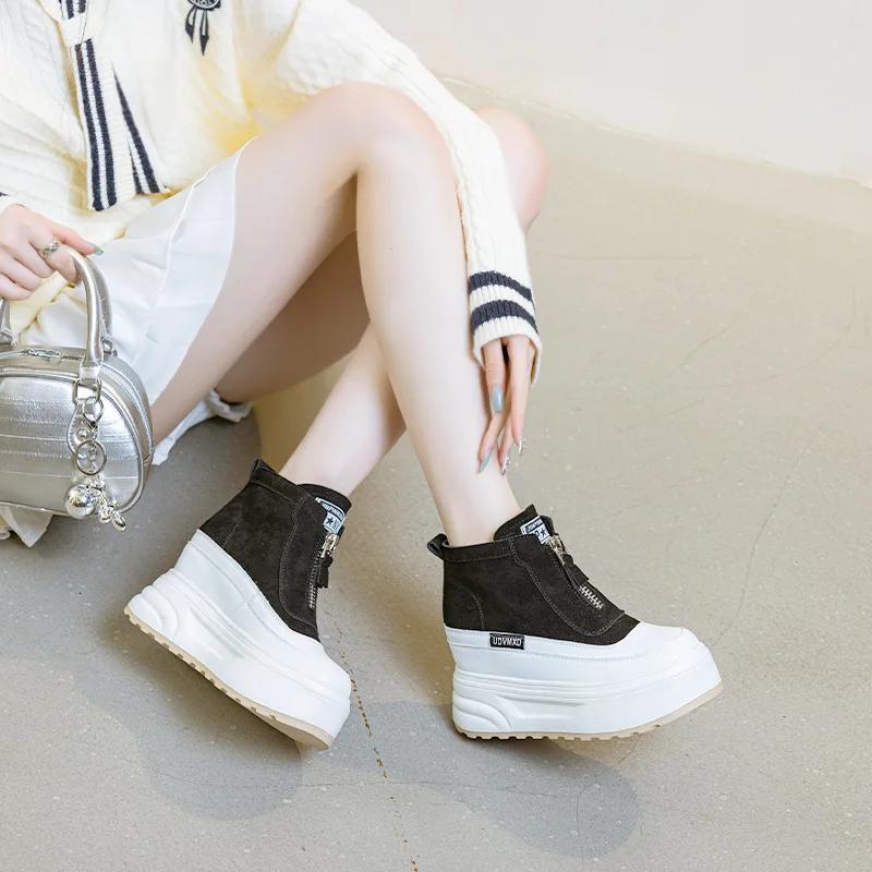 Heel 10cm Suede Cow Genuine Leather  Autumn Ankle Booties Moccasins Chimney Women Chunky Sneakers Boots Spring Fashion Shoes