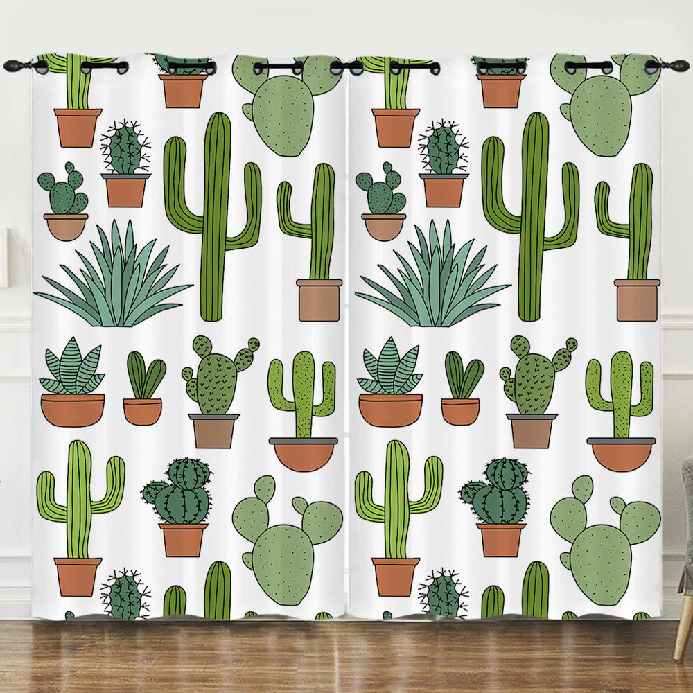 Curtains Fresh Green Plants Hand-Painted Cactus 3D Digital Printing Blackout Curtain Punching