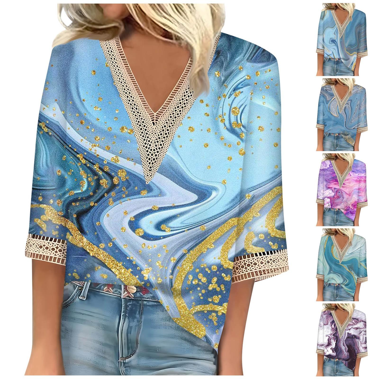 

Женская блузка, повседневная, свободная, с рукавами 3/4, кружевной отделкой, принтом, топы с V-образным вырезом, футболки, футболки M