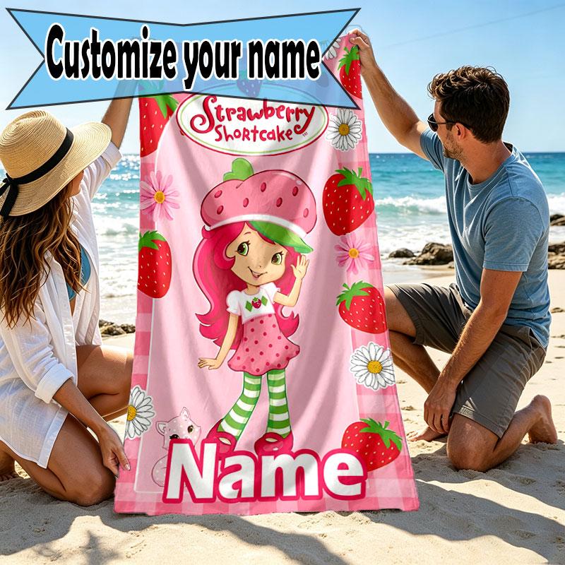 Custom Name Personalized Strawberry Shortcake Print Beach Towel, for Trip Camping Beach Party Home Decor, Birthday Gift for Family & Friends