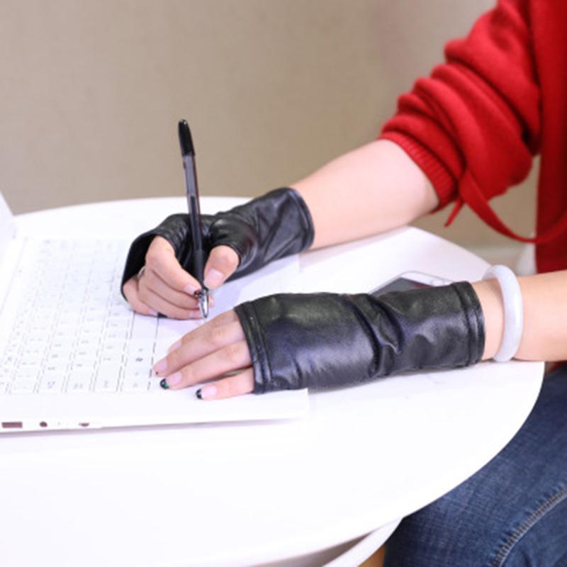 

Women Winter Warm Half Finger Arm Sleeve Nightclub Show Touch Screen Mitten Thin Long Fingerless Pu Leather Driving Gloves M36 One Size чорний