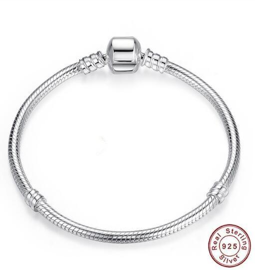 925 Silver Moments Signature Clasp Crystal Snake Chain Bracelet Bangle Fit Bead Charm Jewelry