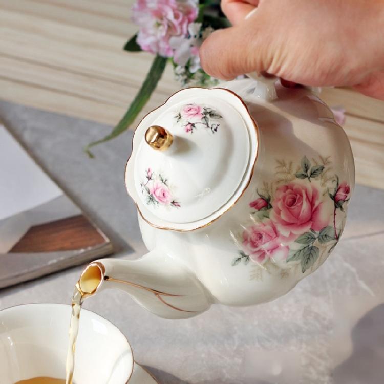 Ceramic Teapot With Floral Embossing And Gold Trim Ergonomic Handle Porcelain Tea Pot For Daily Use