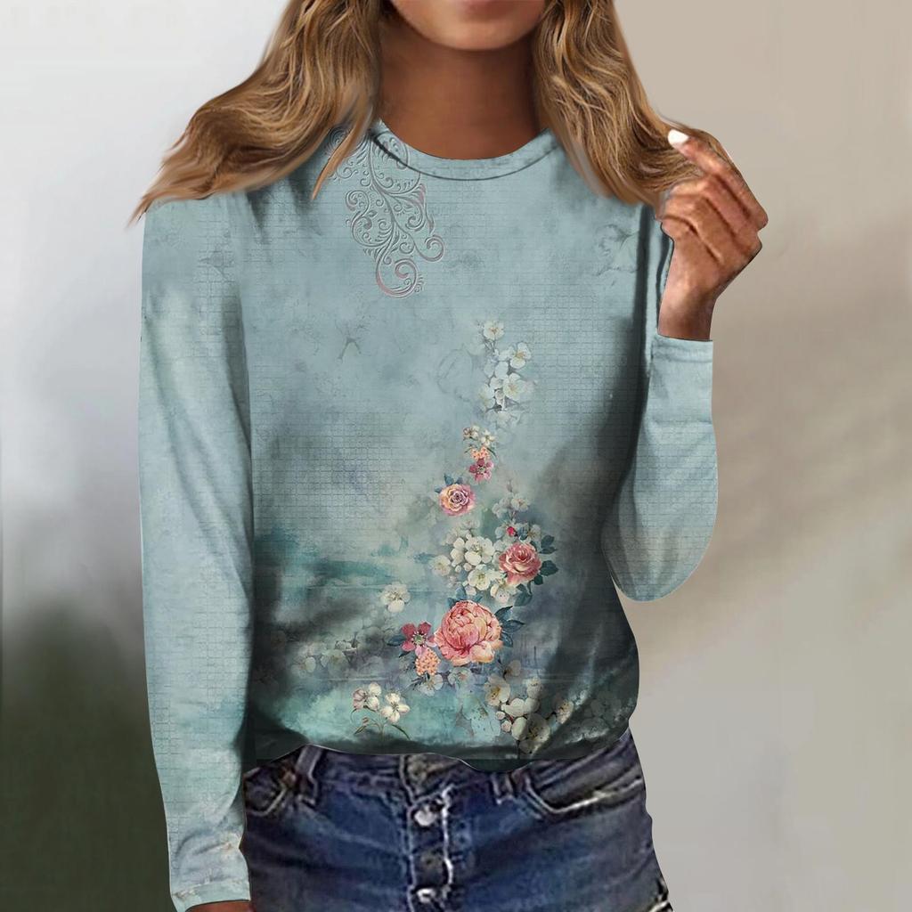 Women's Fashion Casual Long Sleeve Print Round Neck Pullover Top Blouse