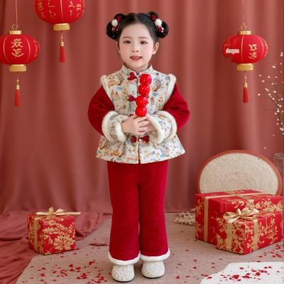 Meng Tangtang Baby Girl Warm Velvety Hanfu Set - Winter Chinese Style New Year Outfit