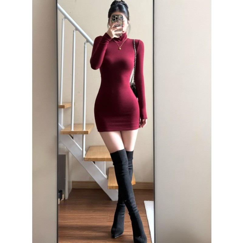

Figure-Flattering Backless Long Sleeve Dress with High Neck and Slimming Waist XL